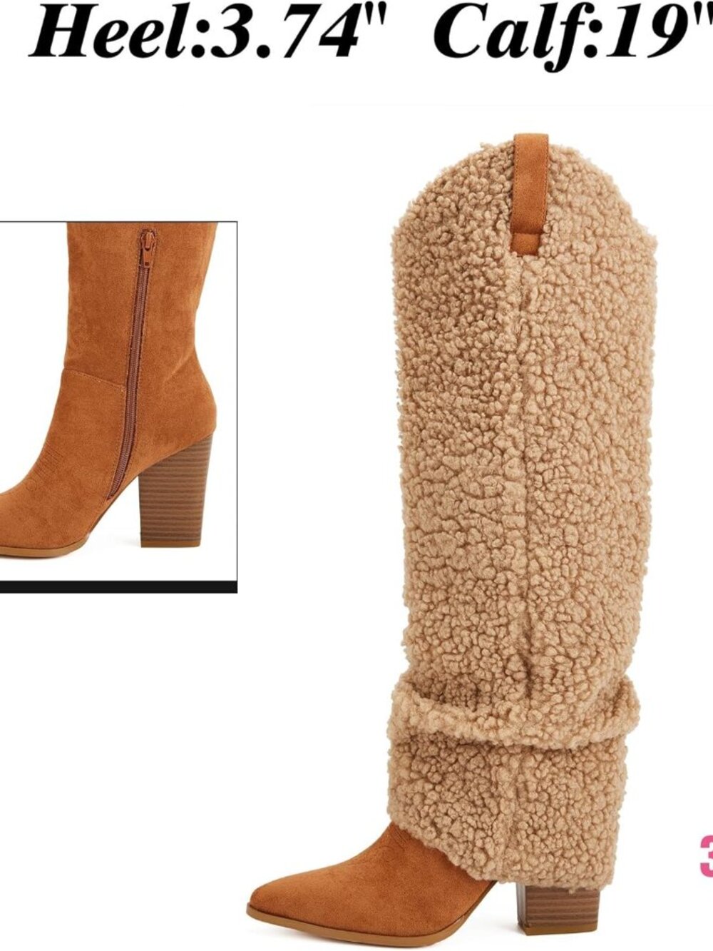 Women's US 9 Brown Sherpa Fold Over Boots Knee High Cowboy Boots Chunky High Hee - Picture 5 of 5